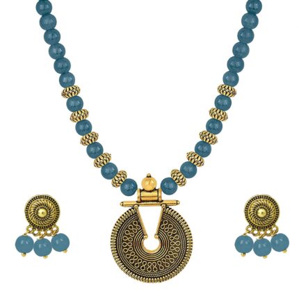 JFL Gold Mint Green Beaded Necklace set Keyhole pendant design adjustable length designer set for women & girls