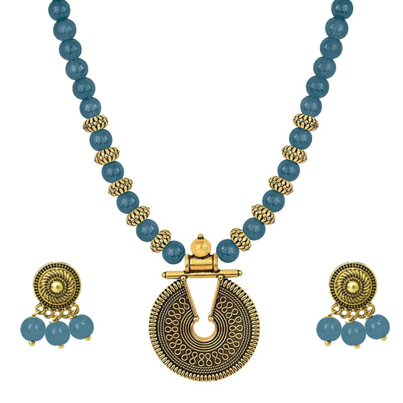 JFL Gold Mint Green Beaded Necklace set Keyhole pendant design adjustable length designer set for women & girls