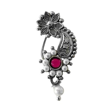 Riank Traditional Oxidised Maharashtrian Nath with Floral Design Pearl Bead Nose Ring without piercing for Women