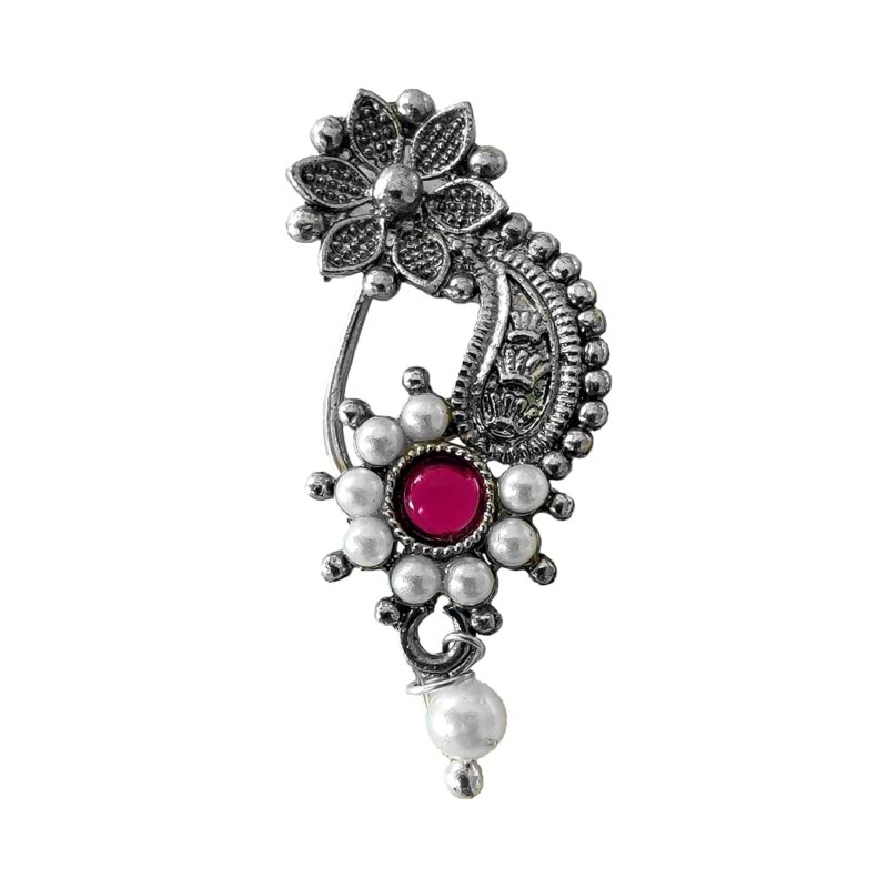 Riank Traditional Oxidised Maharashtrian Nath with Floral Design Pearl Bead Nose Ring without piercing for Women