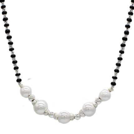 SJ SHUBHAM JEWELLERS™ 925 Sterling Silver Mangalsutra with Pearl & Black Beeds Crystal Chain for Women Studded Mangalsutra Necklace