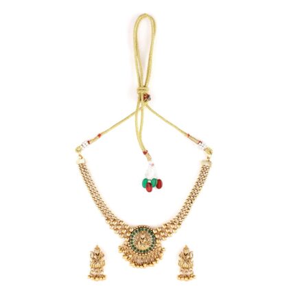 Rubans 22KT Gold Plated Green Stone Studded, Gold Beaded Goddess Laxmi Motif Temple Necklace and Earring Set for Women & Girls, Perfect for any Festive & Wedding Occasion