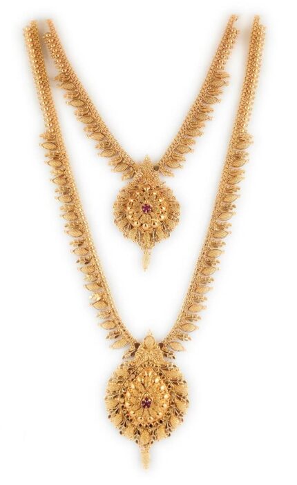 CUTE GOLD One Gram Micro Gold Plated Traditional South Indian Fashion Jewellery Stylish Ruby Emrald Stone Long Haram Set for Women & Girls