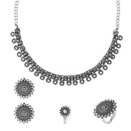 Yellow Chimes German Silver Oxidised Jewellery Set Traditional Threaded Choker Necklace Set for Women and Girls