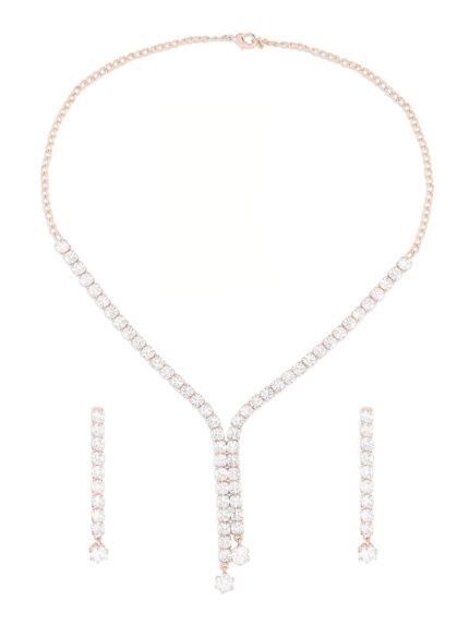 ZAVERI PEARLS Rose Gold Dazzling Cubic Zirconia Contemporary Party Bling Lariat Necklace & Earring Set For Women-ZPFK16146