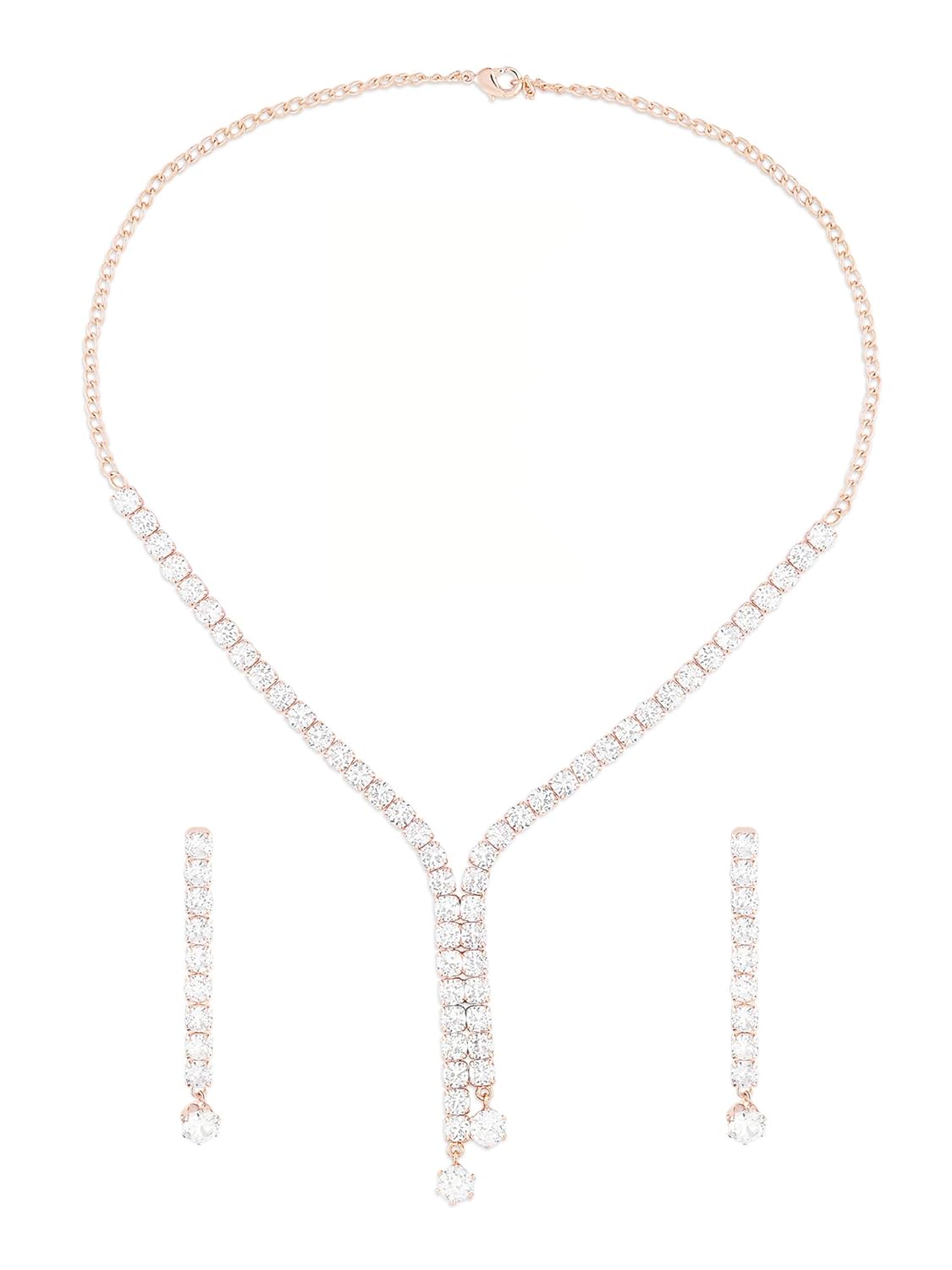 ZAVERI PEARLS Rose Gold Dazzling Cubic Zirconia Contemporary Party Bling Lariat Necklace & Earring Set For Women-ZPFK16146