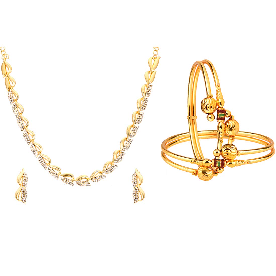 ZENEME Non-precious Metal Gold Plated and American Diamond Necklace Set & Bangles for Women & Girls