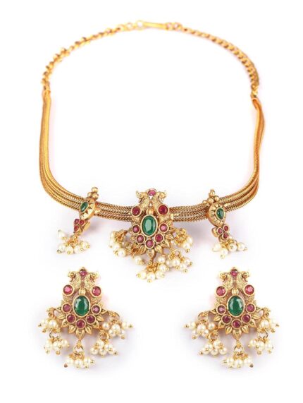 Priyaasi Fancy Stylish Traditional Peacock Kemp Stones Beaded Gold Plated Choker Jewellery Set for Women