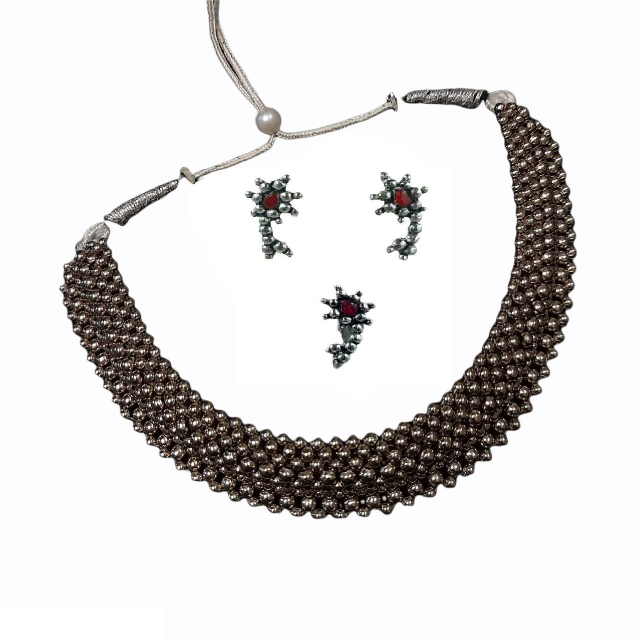 Swaroop Designer Kolhapuri Maharashtrian Silver Thushi Necklace Jewelry Set for Women