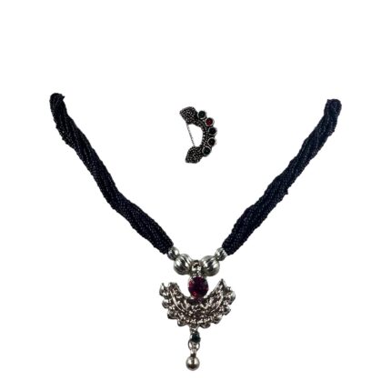 Swaroop Designer Oxidised Silver Traditional Ethnic Maharashtrian Jewellery Set Kolhapuri Saaj Thushi Necklace Set for Women