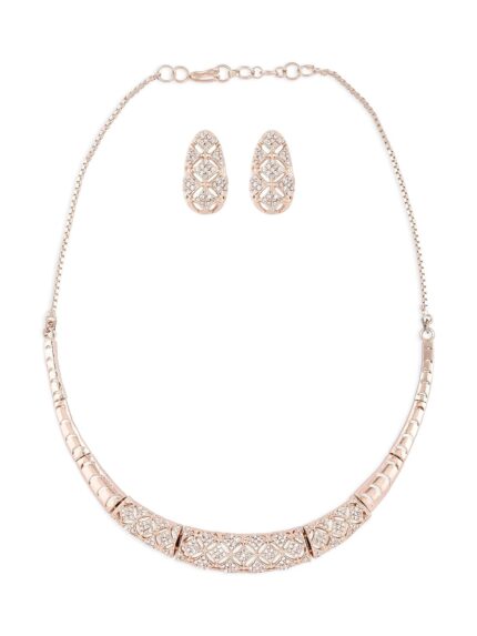 ZAVERI PEARLS Rose Gold Cubic Zirconia Party Bling Necklace & Earring Set For Women-ZPFK15274