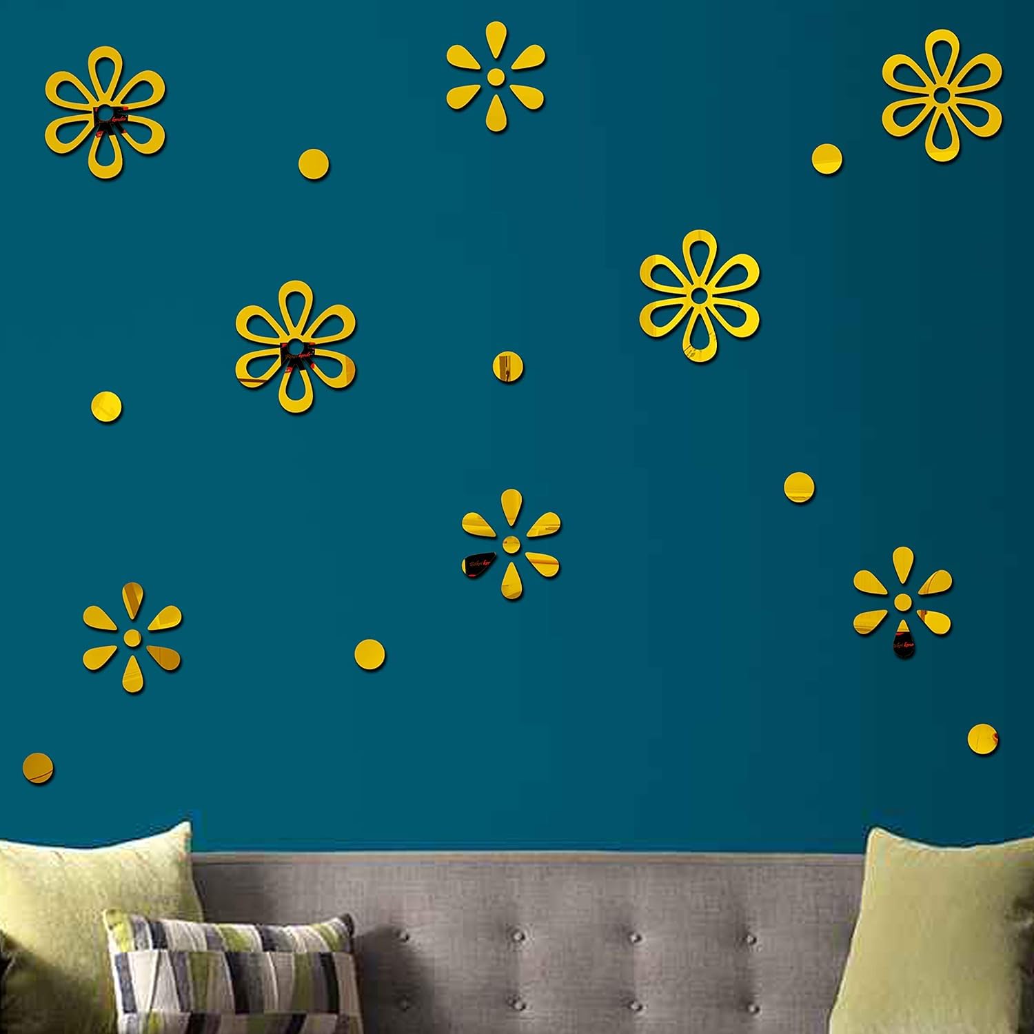 Chote Mote Seller - Flower 4 Set 8 Dot Mirror Stickers for Wall 3D Acrylic Sticker Decorative Mirror Wall Stickers Wall Mirror (Golden, Pack of 1)