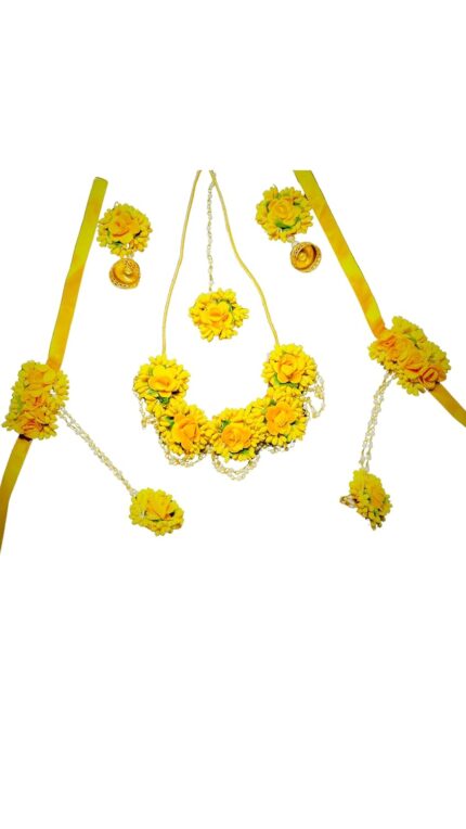 Haldi Mehendi Godbharai Women and Girls Flower Jewellery Necklace Set Flowers Jewellery Set For Haldi Gota Patti Necklace, Earrings, Maang Tika for Women & Girls
