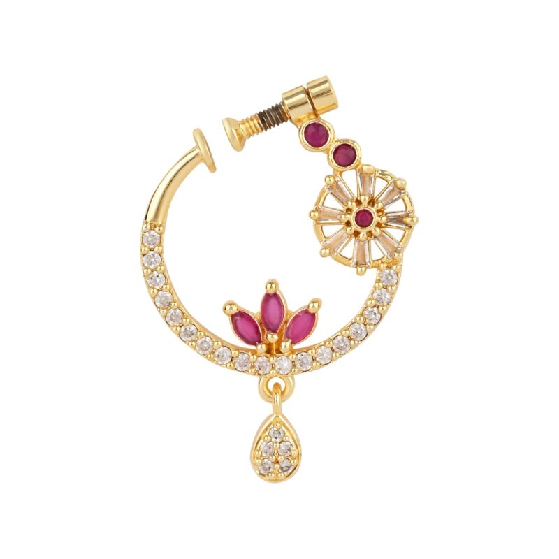 I Jewels Gold Plated Drop CZ American Diamond Non-Piercing Screw Press Nose Ring For Women