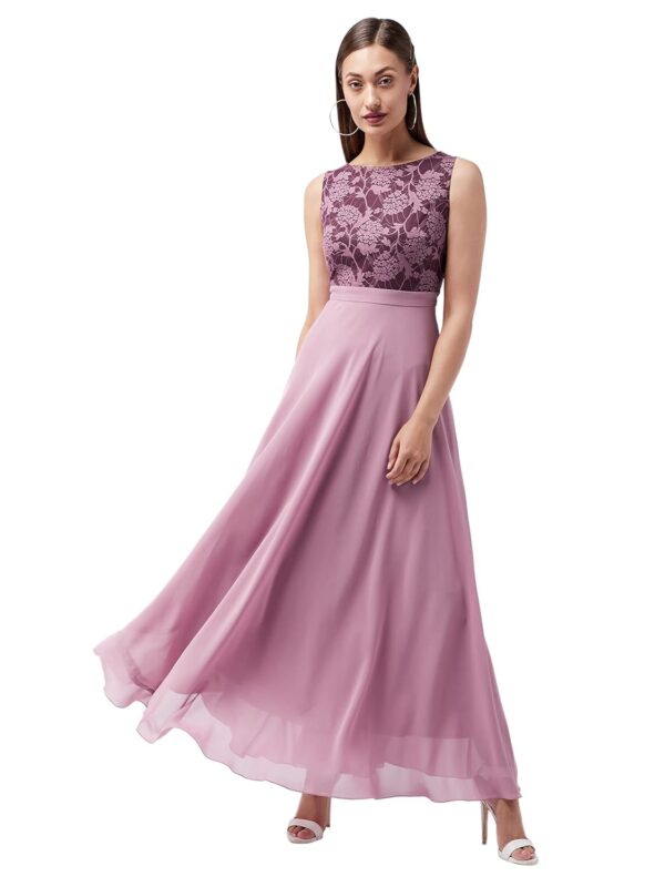 Miss Chase Women's Brick Red & Dusty Green Boat Neck Sleeveless Self Design Lace Overlaid Regular Dress