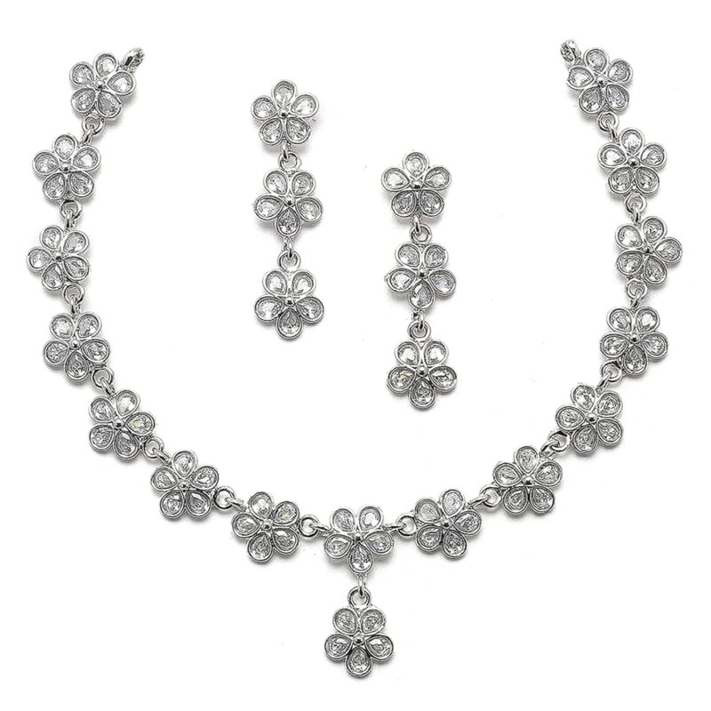 ZENEME Oxidised Silver-Plated Flower Shaped American Diamond Studded Necklace Earrings Jewellery Set for Girls and Women