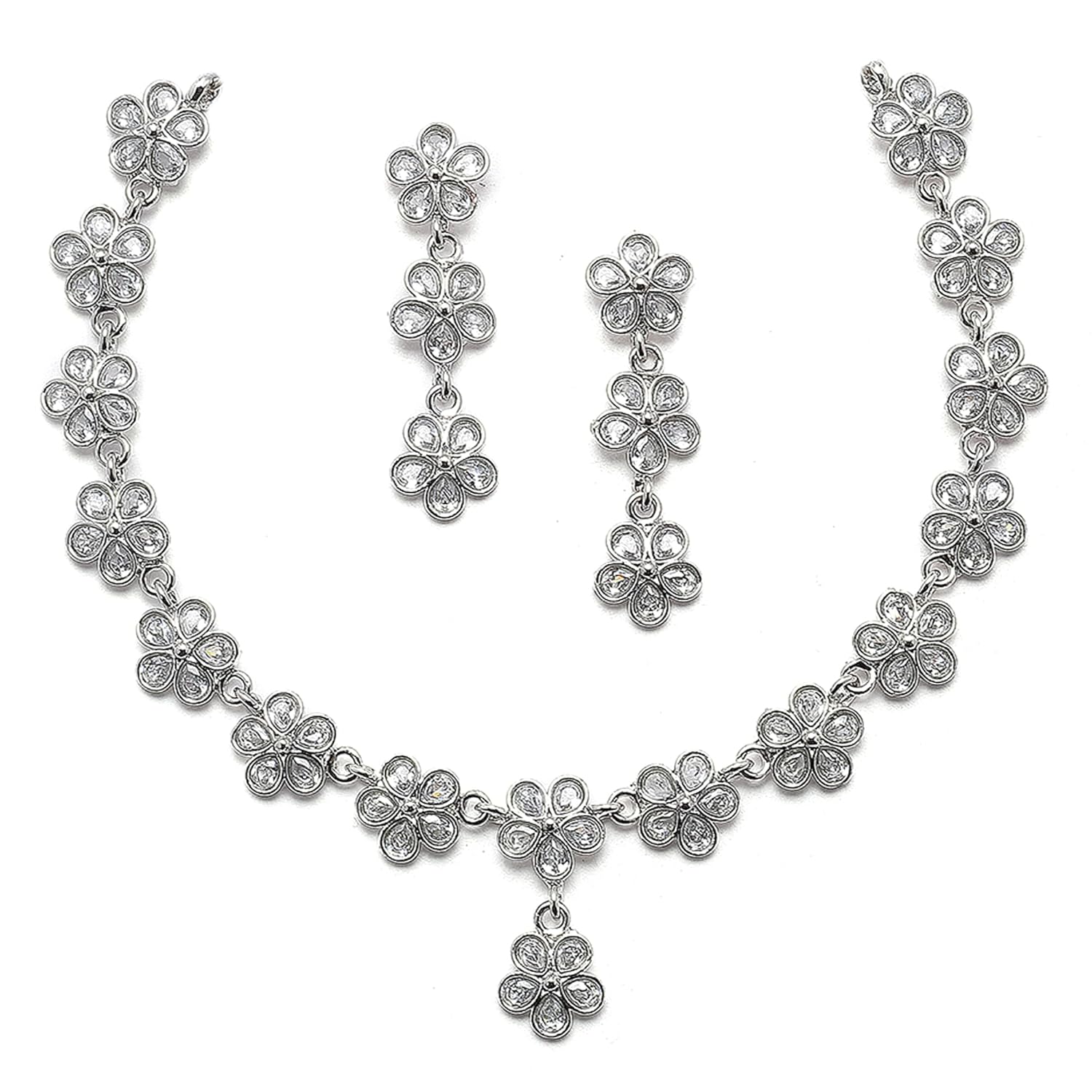 ZENEME Oxidised Silver-Plated Flower Shaped American Diamond Studded Necklace Earrings Jewellery Set for Girls and Women