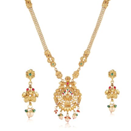 Mansiyaorange Necklace Jewellery Long Rani Haar Matte Gold Floral Pendant Kempu Stone Sets For Women