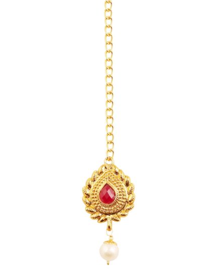 Touchstone Contemporary Kundan Collection Indian Bollywood Mughal Floral Kundan Look Natural Beads Broad Bridal Jewelry Maangtika in Antique Gold Tone Women
