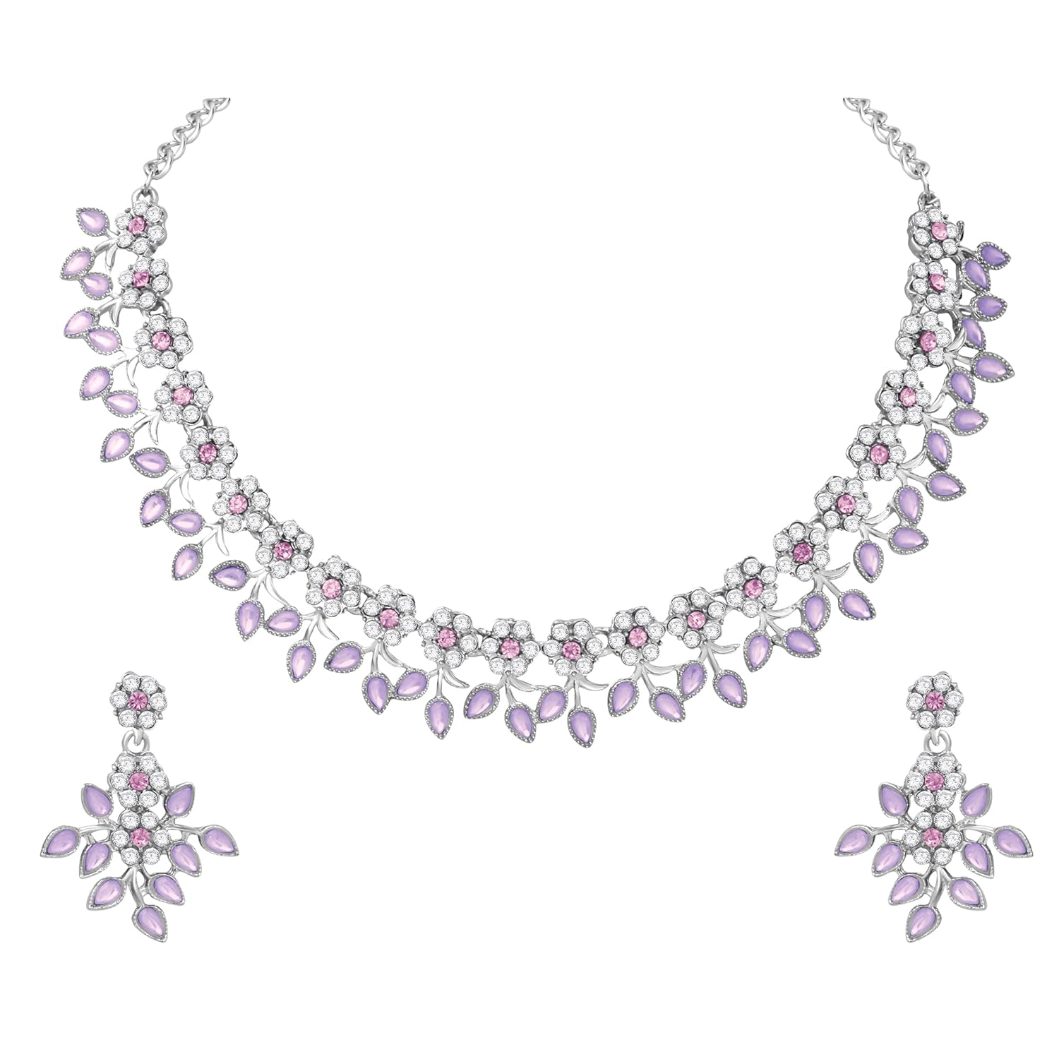 Atasi International Silver Plated Crystal AD Diamond Necklace Jewellery Set with Earrings for Women and Girls Suits Best Party, Wedding and Any Occasions