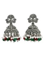 ADIVA Oxidised Silver-Plated Black Peals & Stone Dome Shaped Jhumka Earrings
