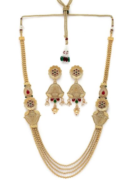 Sukkhi Natural Gold Plated Rani Haar Long Kundan Studded Multistring Necklace Set And Earring | Jewellery Set For Women (NS105728)