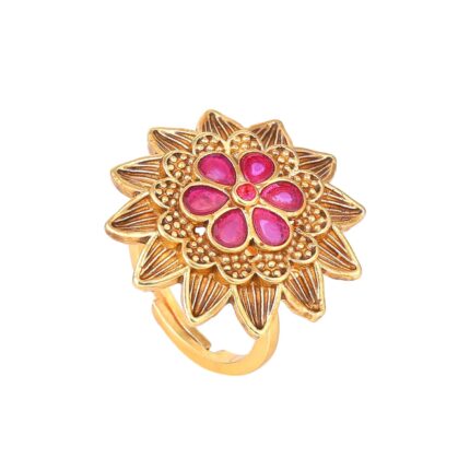 Estele Fashion Jewellery Finger Rings for Women Gold Plated Flower Designer Stunning Matte Finish Adjustable Finger Ring with Ruby Crystals for Girls and Women-AD-148-IGRB RING