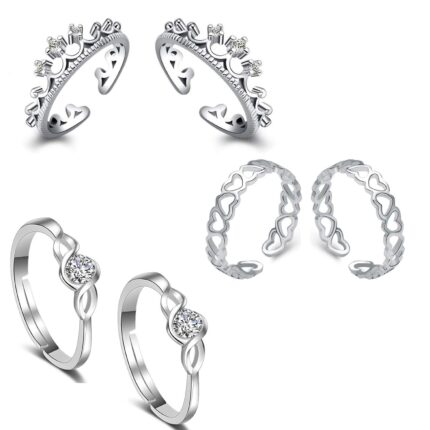 Om Jewells White Alloy Rhodium Designer Adjustable Toe Ring for Women - Combo of 3