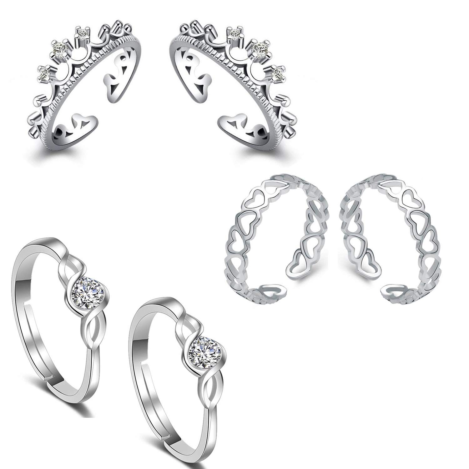 Om Jewells White Alloy Rhodium Designer Adjustable Toe Ring for Women - Combo of 3