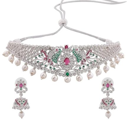Estele Rhodium Plated CZ Peacock Designer Bridal Choker Necklace Set With Pearls for Women
