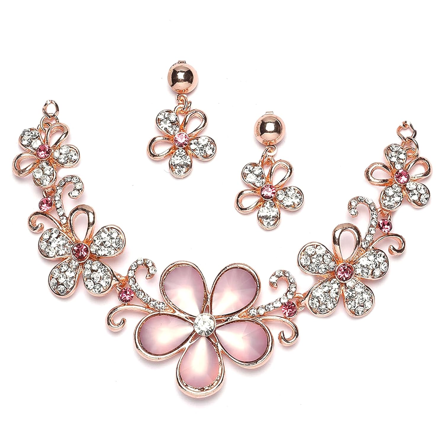 ZENEME Rhodium-Plated American Diamonds Studded Floweret Necklace With Earrings Jewellery Set For Girls and Women