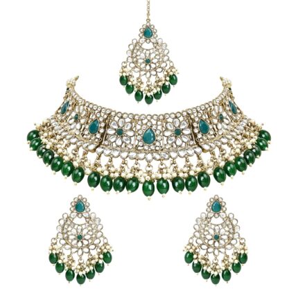 I Jewels Gold Plated Traditional Pearl Kundan Studded Choker Jewellery Necklace Set with Maang Tikka for Women And Girls