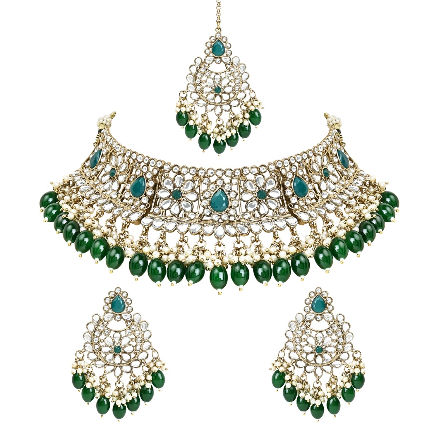 I Jewels Gold Plated Traditional Pearl Kundan Studded Choker Jewellery Necklace Set with Maang Tikka for Women And Girls