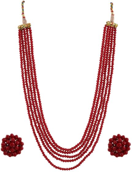 Ratanshala - Semi Precious Gemstone Maroon Crystal Beads 5 Layer Necklace with Stud Earring Multi Strand Maroon Colour 16" Mala for Girl and Women Fashion Jewellery