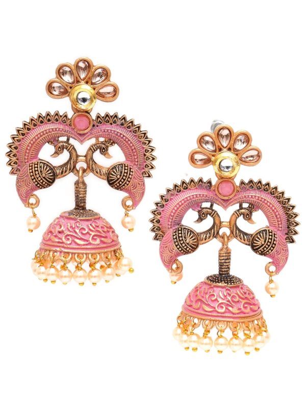 Karatcart Antique Gold Plated Pink Designer Peacock Jhumki Earrings for Women