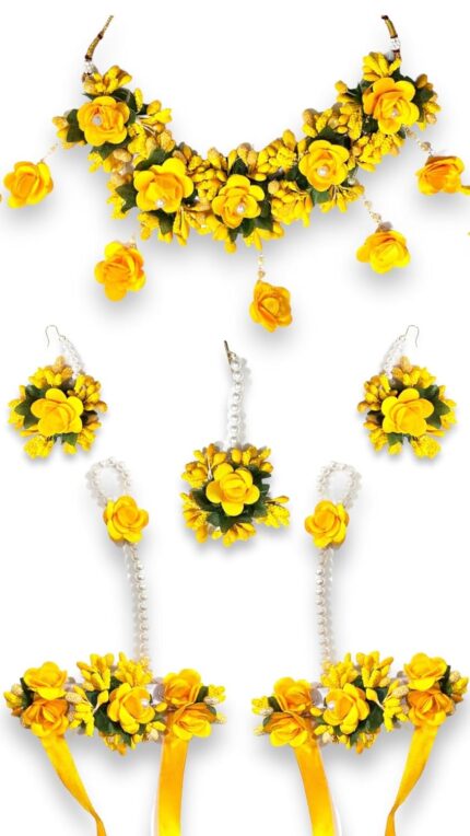 PATWA TRADERS Flowers Jewellery Set For Haldi Gota Patti Necklace, Earrings, Bracelet & Maang Tika for Women & Girls (Mehandi/Haldi/Wedding/Bridal/Baby Shower)