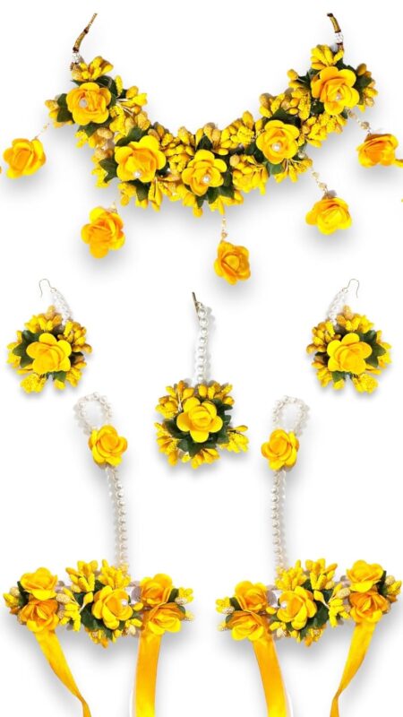 PATWA TRADERS Flowers Jewellery Set For Haldi Gota Patti Necklace, Earrings, Bracelet & Maang Tika for Women & Girls (Mehandi/Haldi/Wedding/Bridal/Baby Shower)