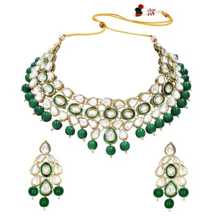 Peora Traditional Jewellery Indian Ethnic Jadau Kundan Stone Pearl Green Necklace with Earrings