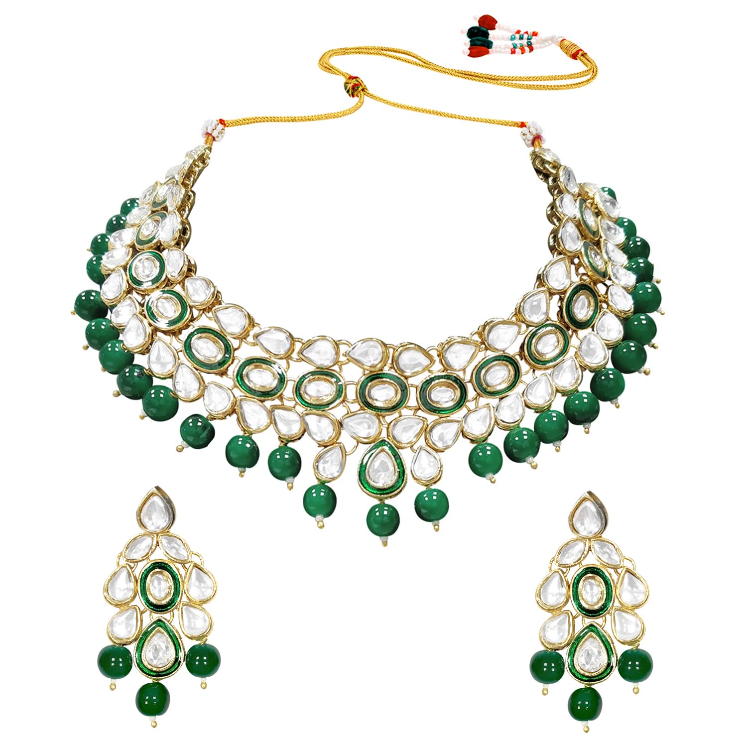 Peora Traditional Jewellery Indian Ethnic Jadau Kundan Stone Pearl Green Necklace with Earrings