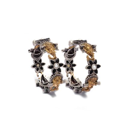 Tvayaa Art Silver Oxidised Dual Tone Bangles Ganesha Design Studded Multicolour Stones Kada Bohemian Style Traditional Jewellery For Girls & Woman (Package Includes-2 Piece Bangle)