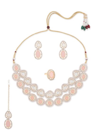 ZAVERI PEARLS Peach Double Layered Artificial Stones & Austrian Diamonds Necklace Earring Maangtikka & Ring Set For Women -ZPFK16489