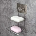 MADHAV TRADERS Seller Wall Mounted Double Layer soap Dish Holder Stainless Steel Wall Hanging Soap Storage Rack for Kitchen Bathroom-with Self Adhesive Magic Sticker (Silver)