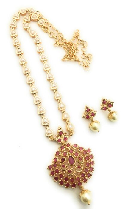 Sasitrends Gold Plated Brass 18 Inches Short Pearl Chain with Small Pendant and Tiny Earrings for Women & Girls