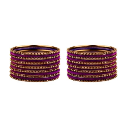T4 Jewels Glossy Finish Golden Beads Studded Designer Velvet Metal Bangles Set For Women & Girls