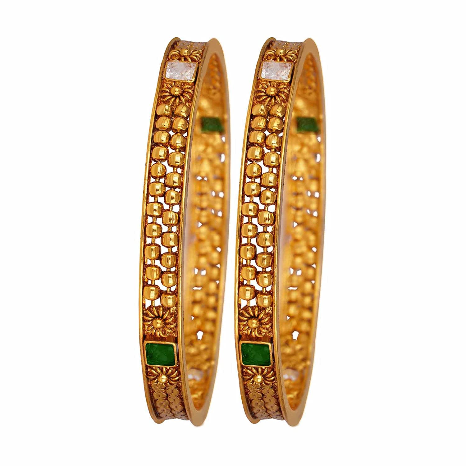 JFL - Jewellery for Less Traditional Gold Plated white Stone Studded Set of 2 Bangle for Women & Girls.