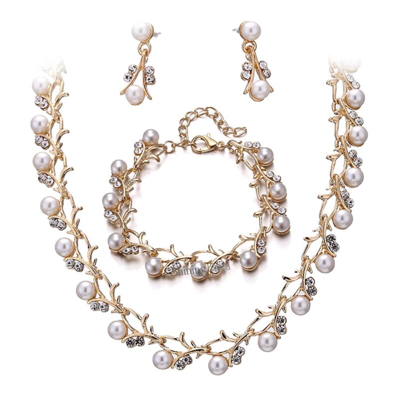 Shining Diva Fashion Latest Stylish 18k Gold Plated Combo Pearl Necklace Earrings Bracelet Jewellery Set for Women and Girls