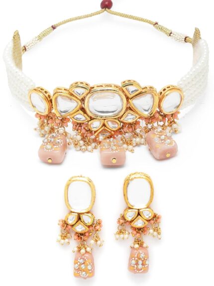 Karatcart Peach Designer Tumble Polki Kundan Necklace Set for Women