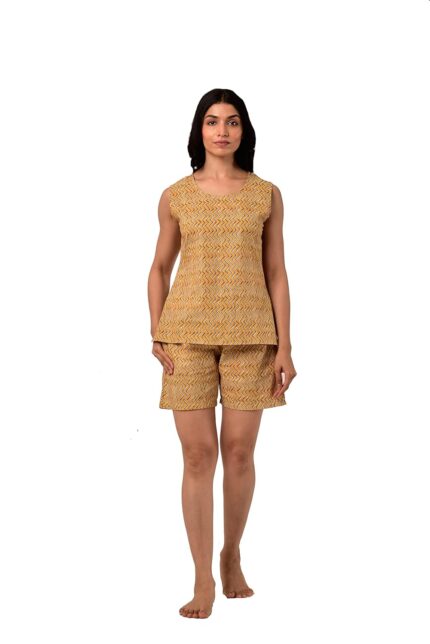 IKK KUDI BY SEERAT Comfortable 100% Cotton Top & Shorts Unique Yellow Zig Zag Print Night Suit for Women / Girls