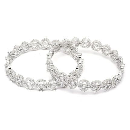 ZENEME Rhodium-Plated Silver Toned White Floral American Diamond studded Bangles Jewellery Set for Girls and Women (Set Of 2) (2.6, Silver)