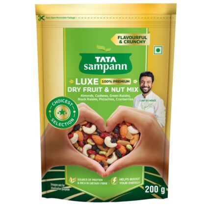 Tata Sampann Luxe Dry Fruit & Nut Mix, 200g, Source of Protein, Magnesium & Phosphorus, Rich in Dietary Fiber, Flavourful & Crunchy Snack, Almonds, Cashews, Green Raisins, Black Raisins, Pistachios, & Cranberries